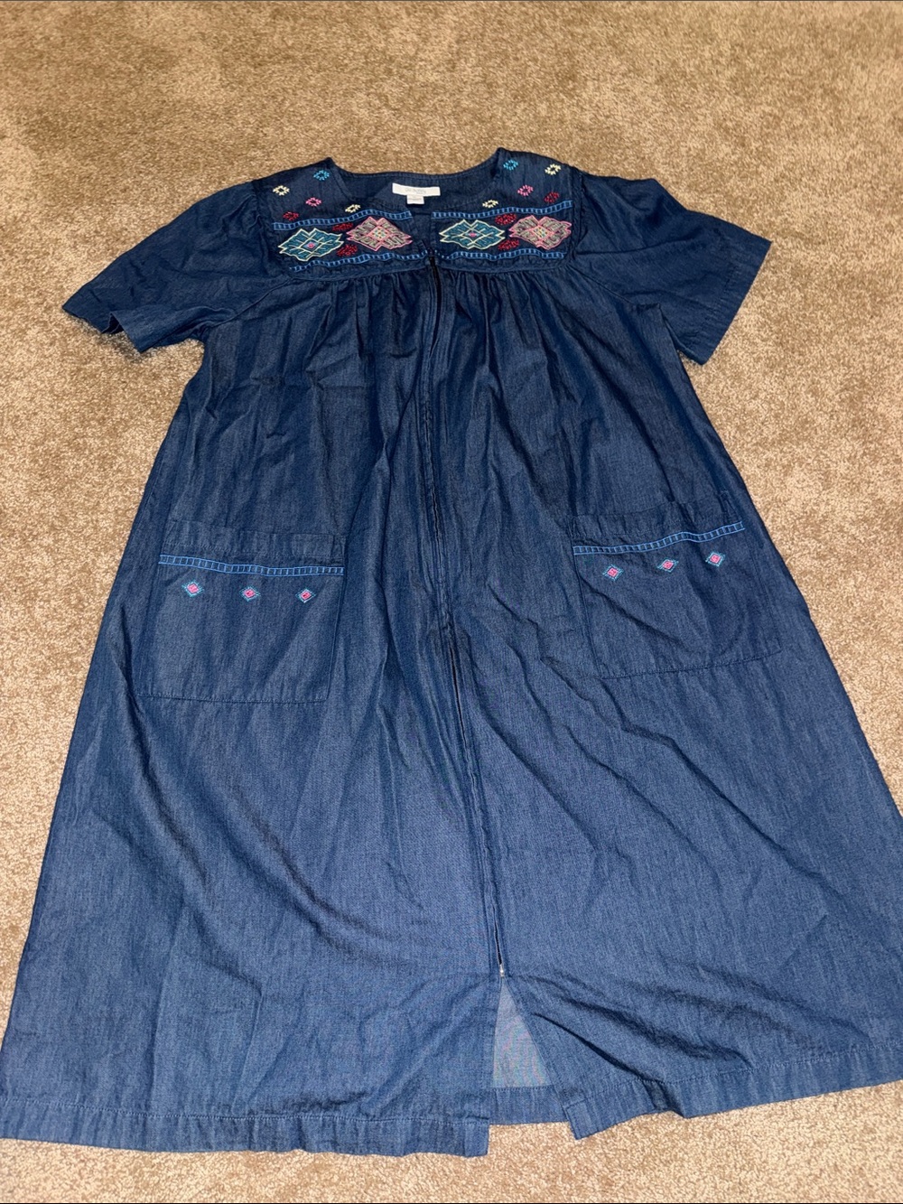Go Softly Patio House Dress Embroidered Denim Chambray Pockets - Medium